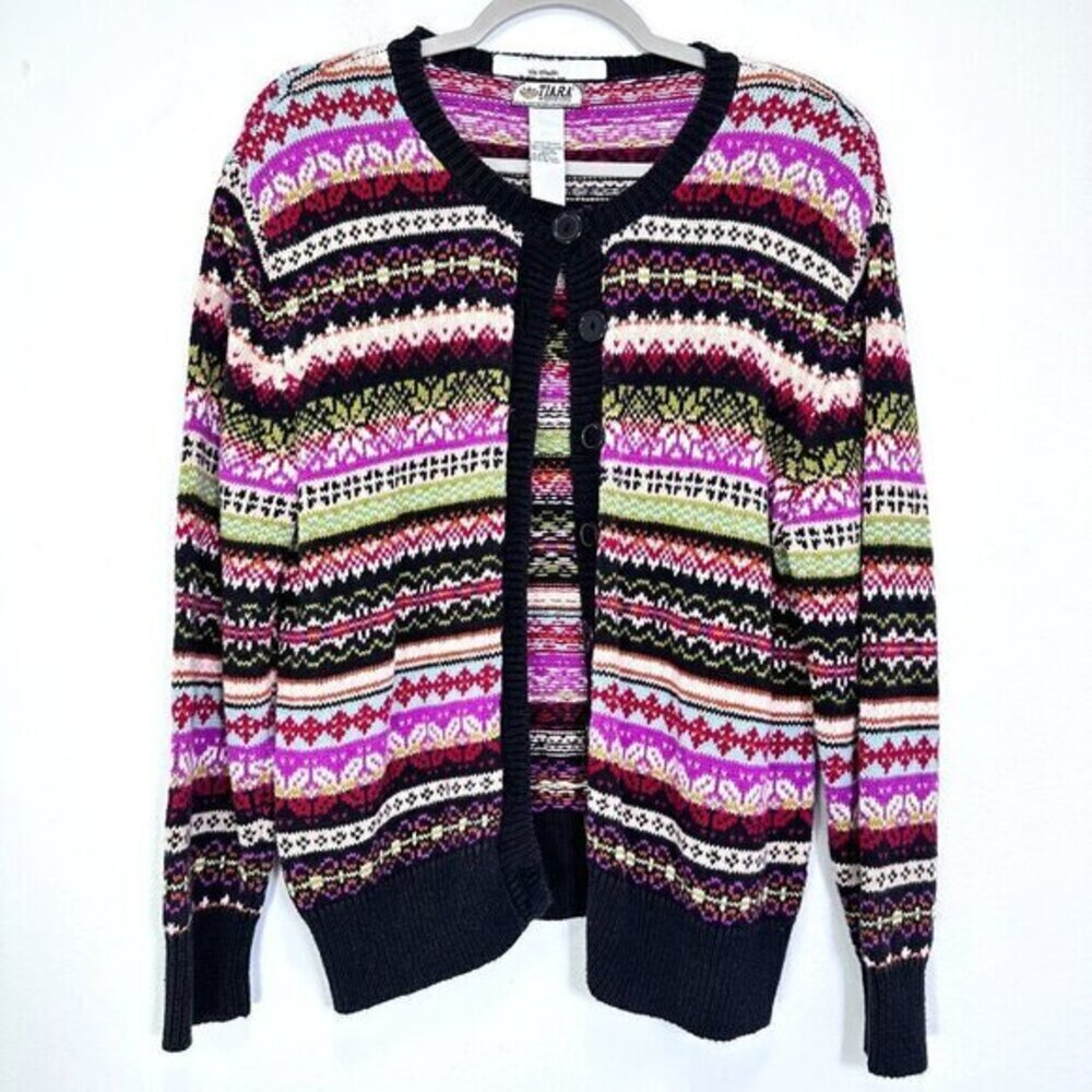Vintage Tiara Fair Isle Knit Cardigan Sweater Grannycore Eclectic Women's Size L